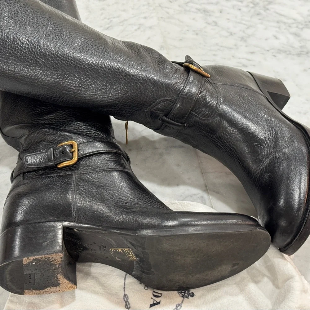 Prada Black Leather Tall Boots with Gold Logo Emblem - Picture 3 of 12
